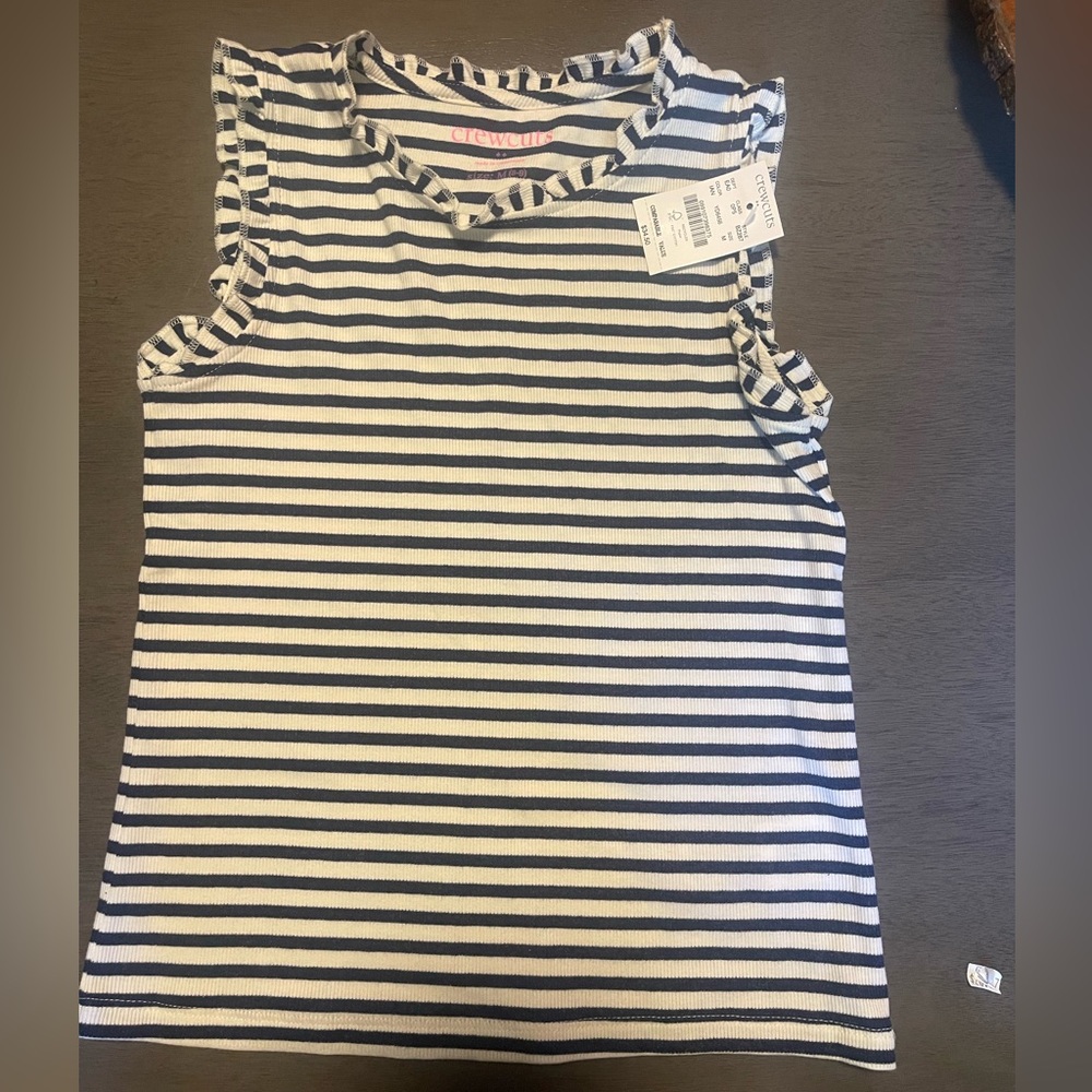 Crewcuts Navy and White Striped Ruffle Sleeve Top